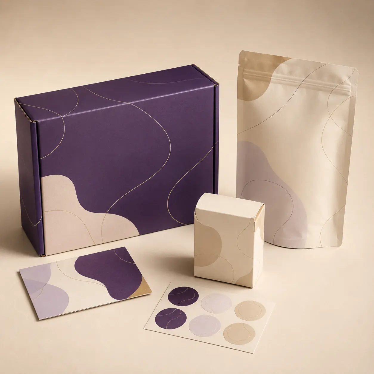 Coordinated custom packaging collection with mailer box, Mylar pouch, retail carton, and labels